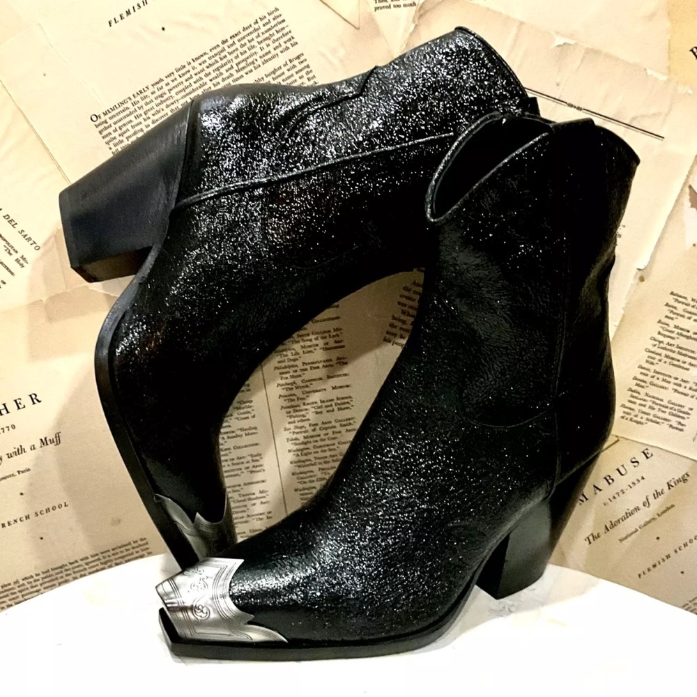 Free People Brayden Western Boot Metallic Black Leather Pewter Etched Tip Zip - Picture 2 of 10
